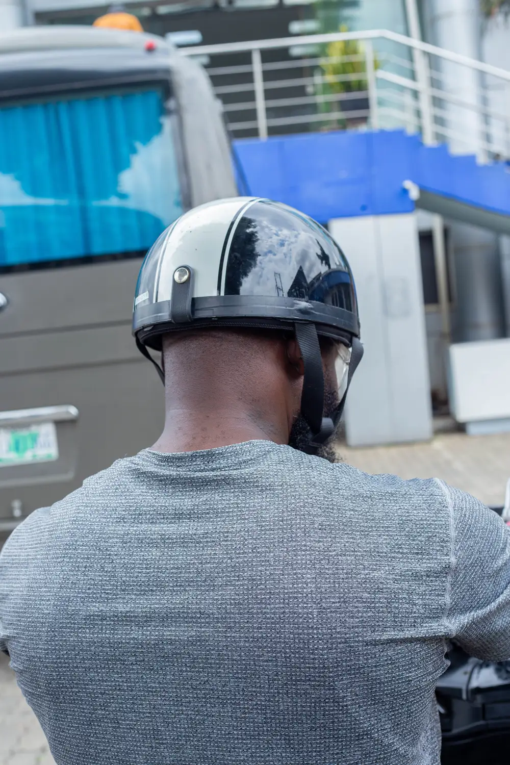 back view of a man on helmet