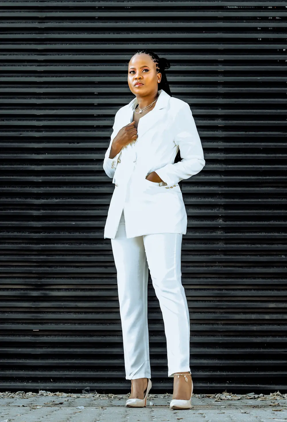 woman on white suit