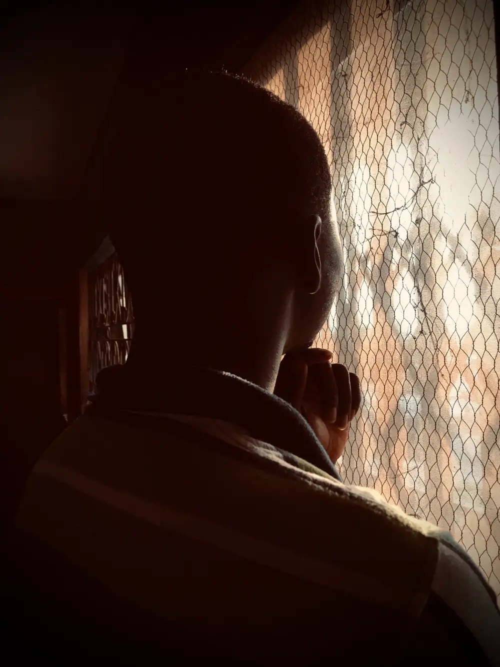 Boy standing in front of a net door