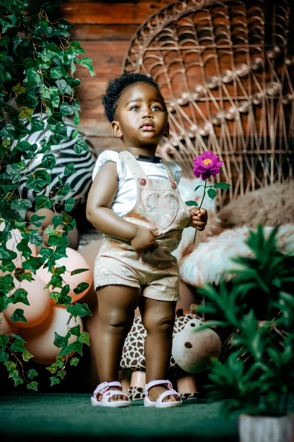Baby girl holding a flower