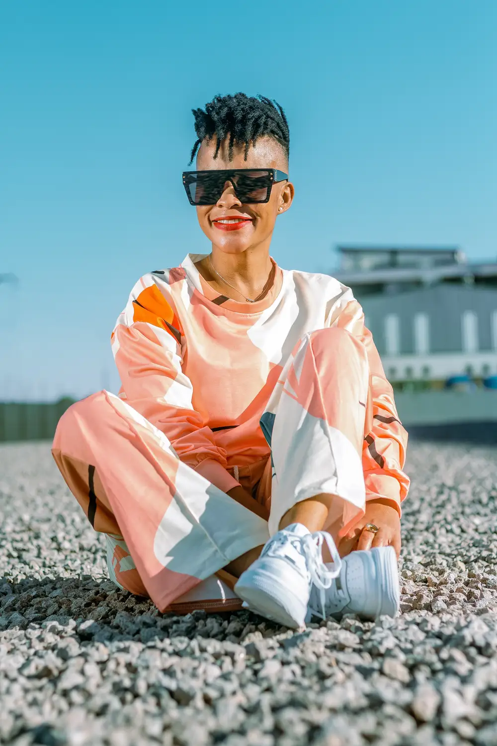 Smiling lady in peach