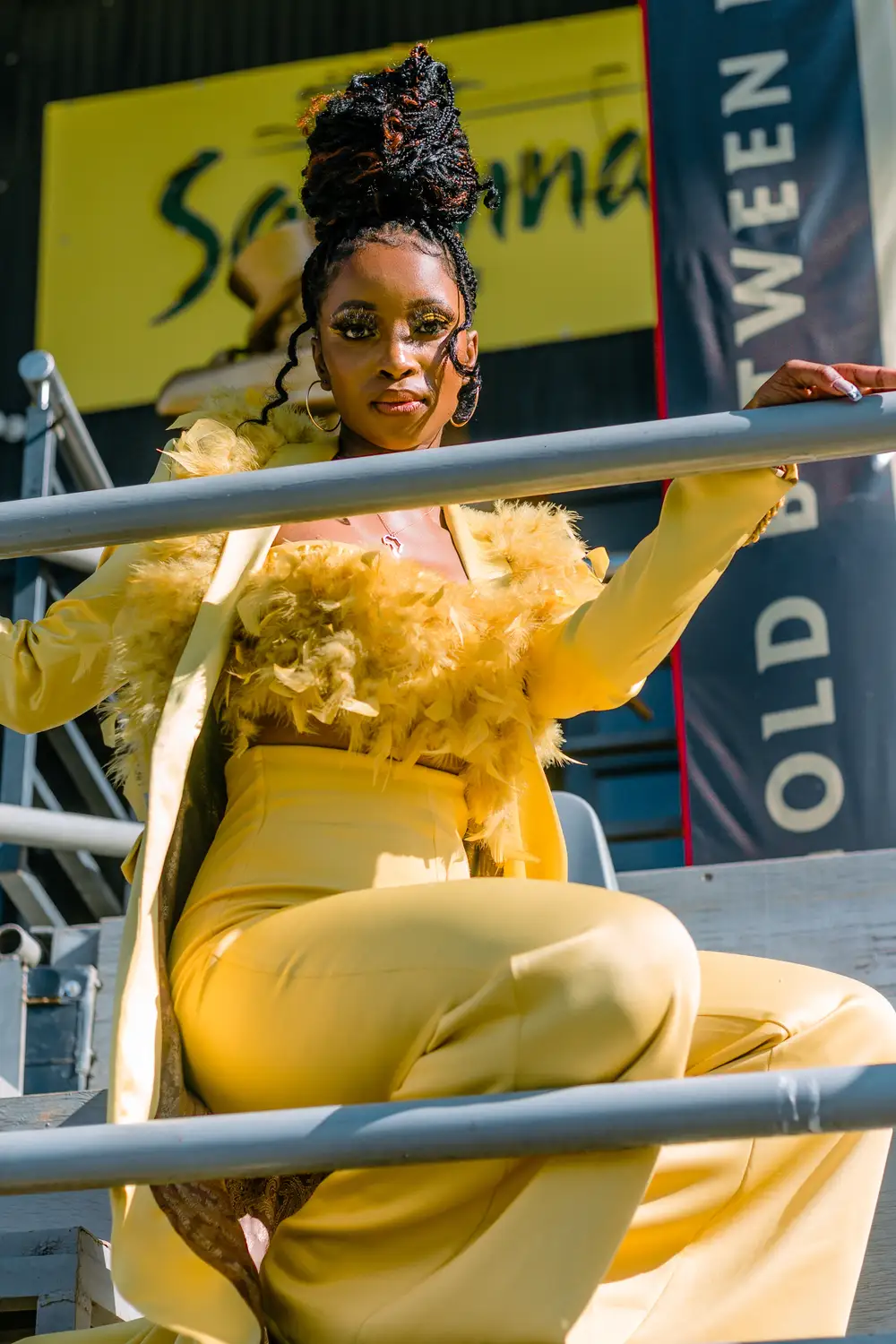 Lady in yellow feather dress