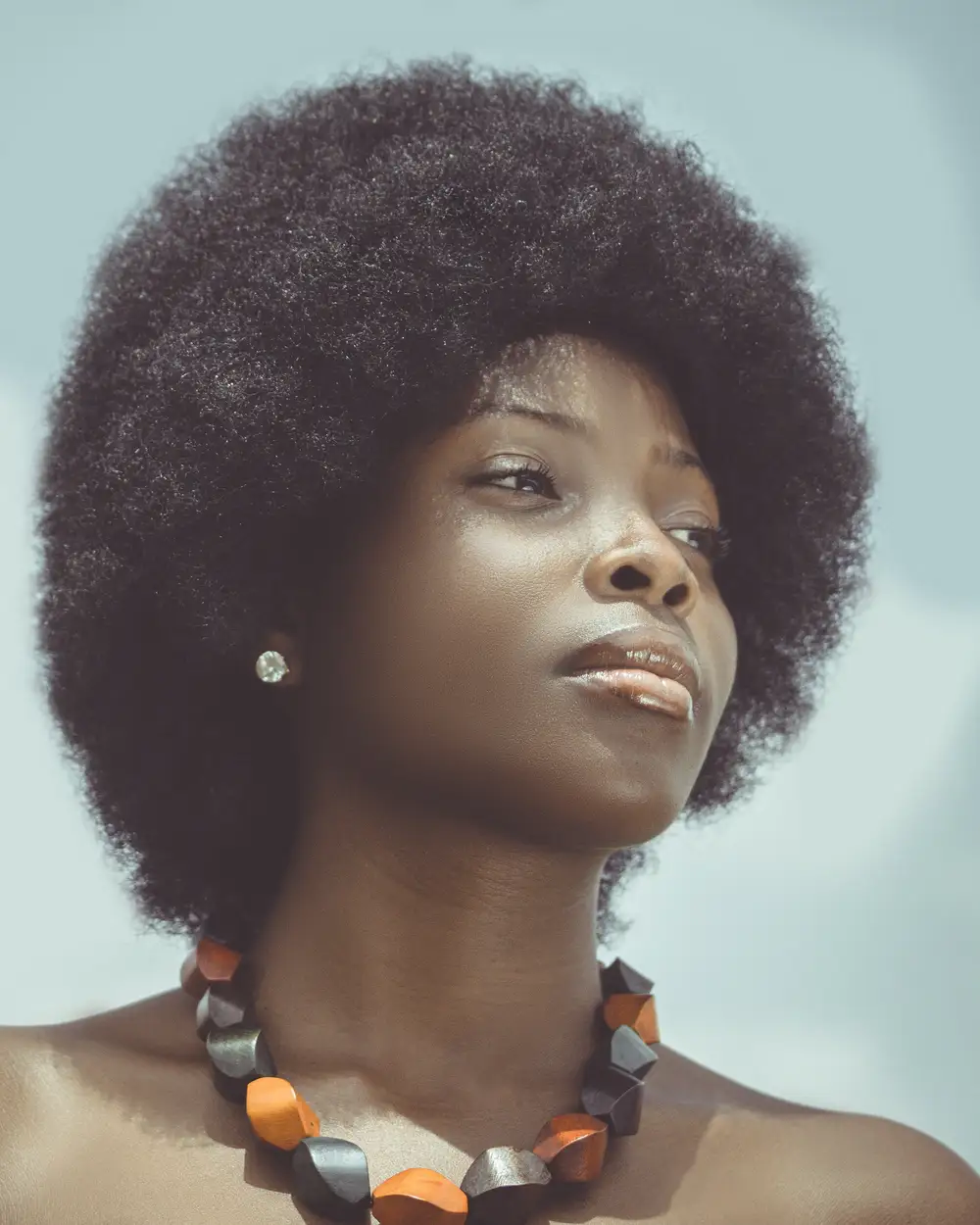 woman with afro wearing a necklace