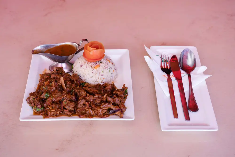 Rice and sauced meat served in a dish