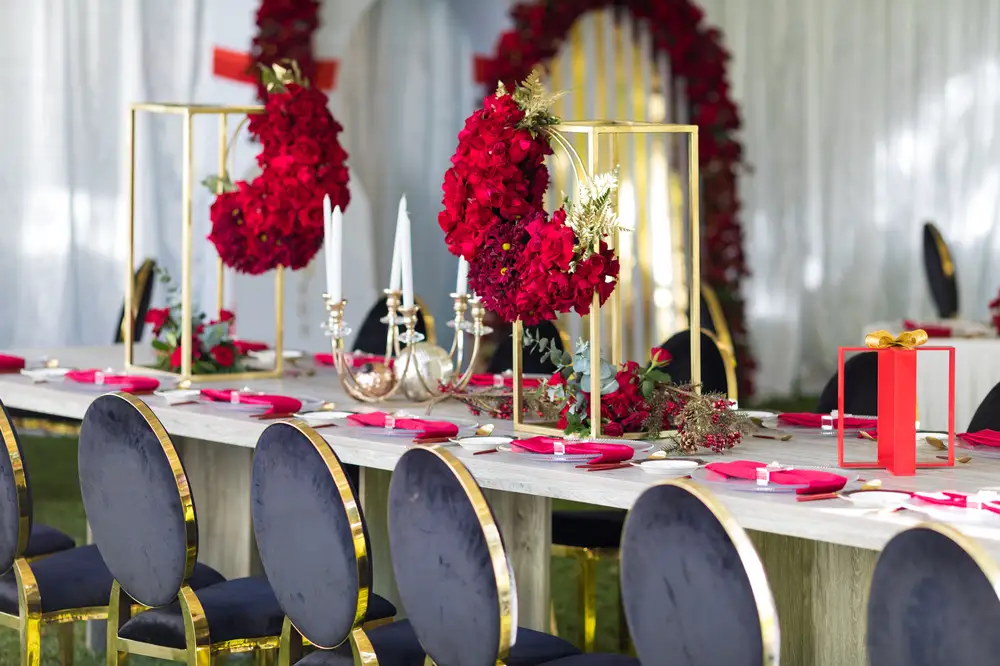 Dinning decorated with roses at an event centre