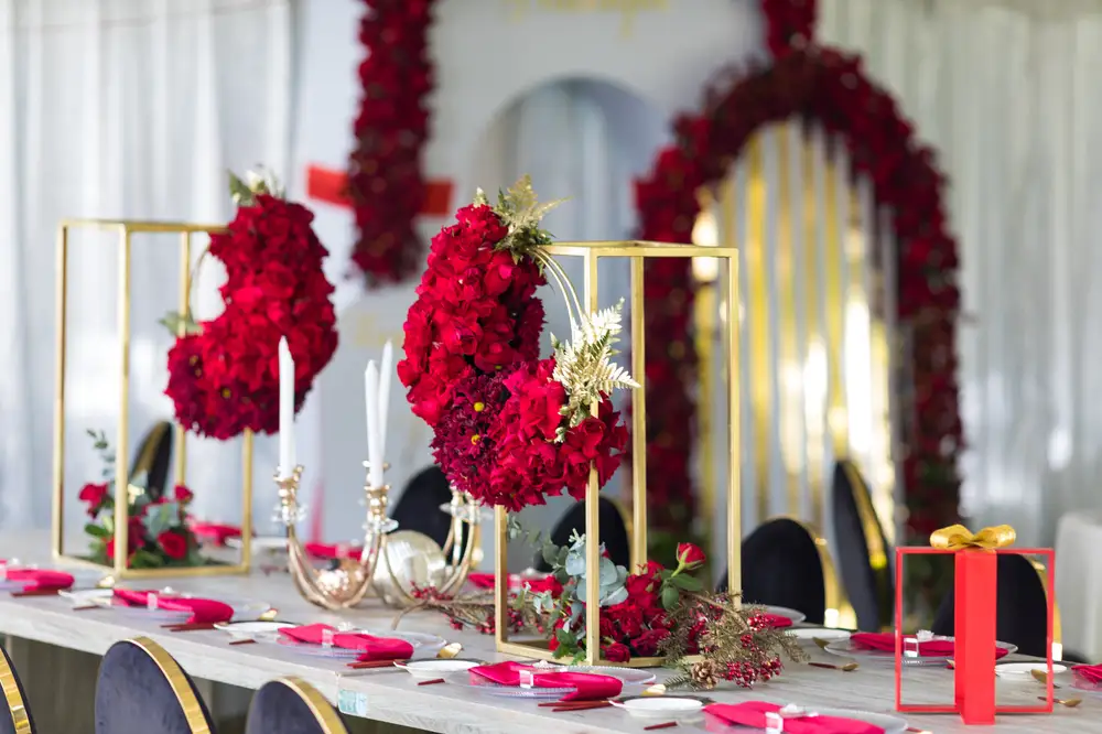 Decorative red roses on a dinning table