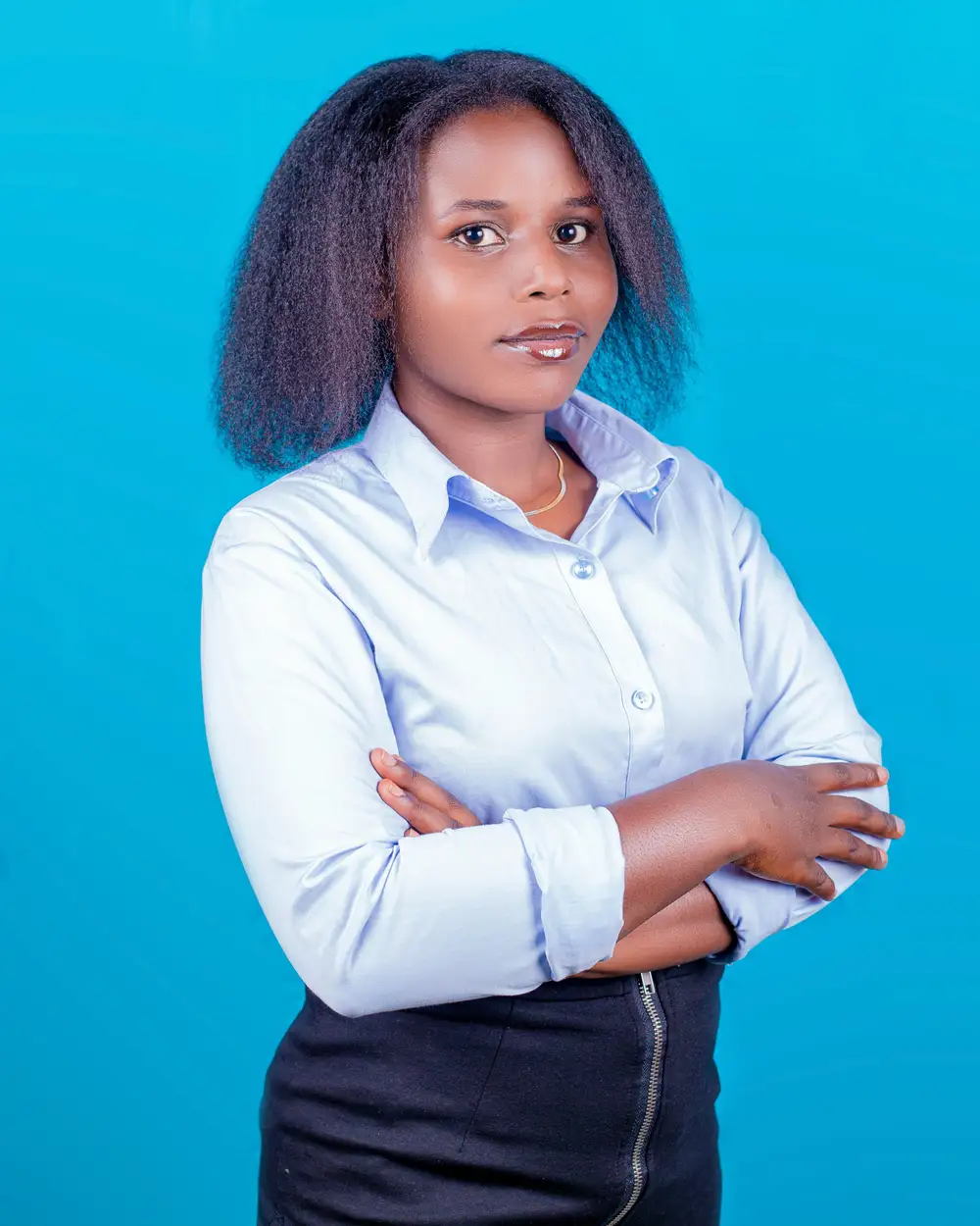 woman in a blue shirt