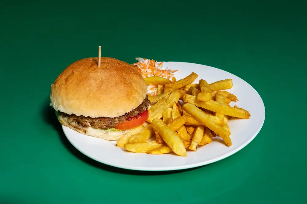 A plate of fries and hamburger