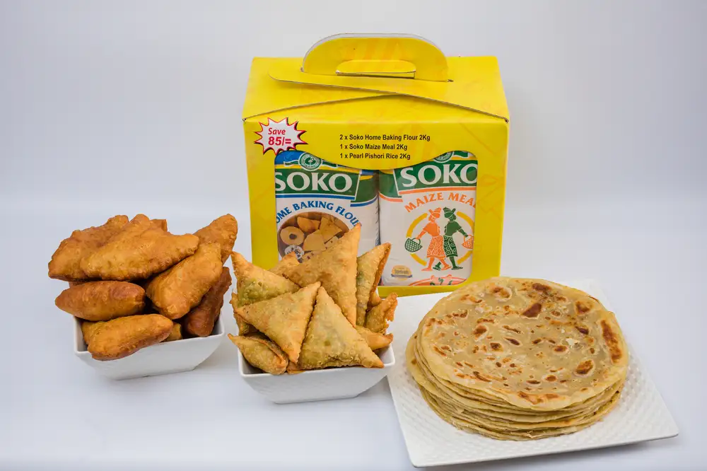 All purpose flour with corn flour and snacks on a table