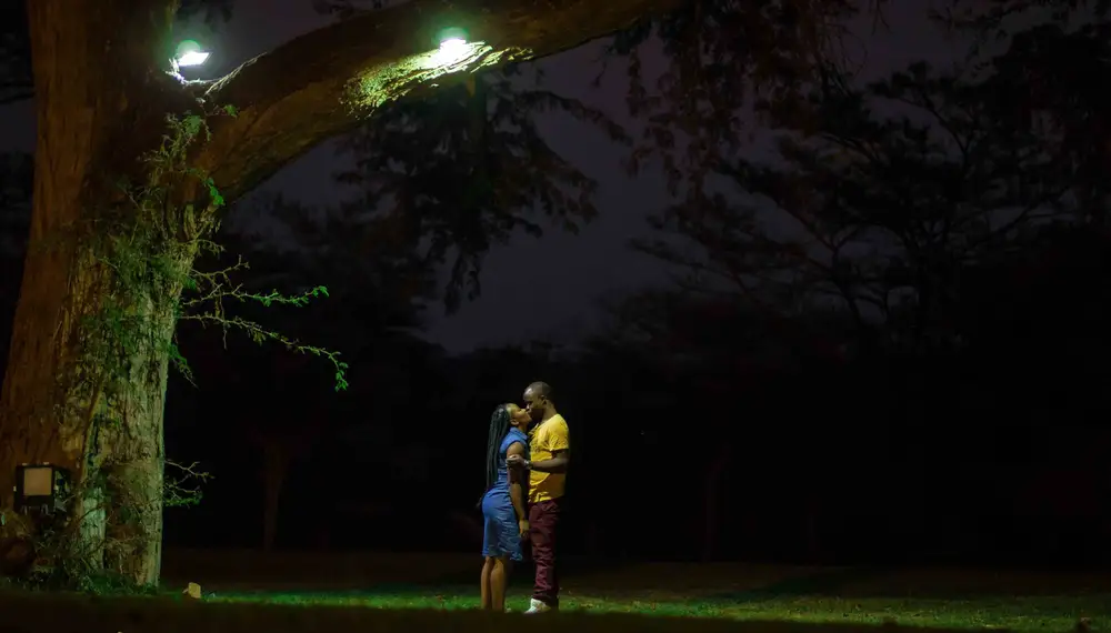 couple kissing under a tree