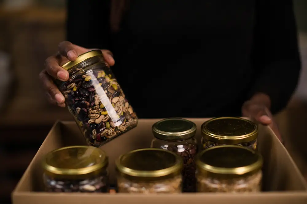 Jars of seeds in a box