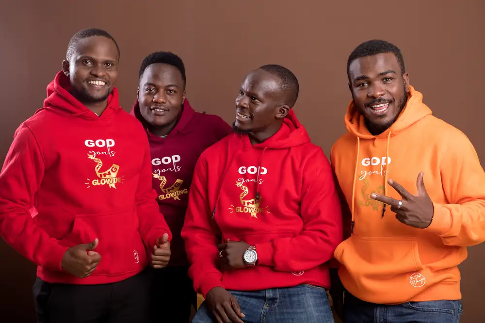 Group of guys wearing branded hoodies