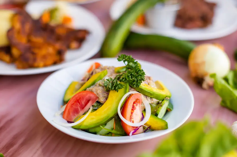 Avocado salad and meat
