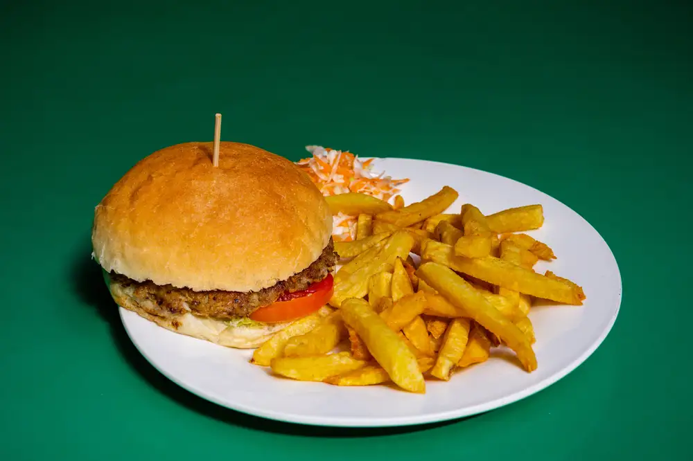 Burger and french fries in a plate