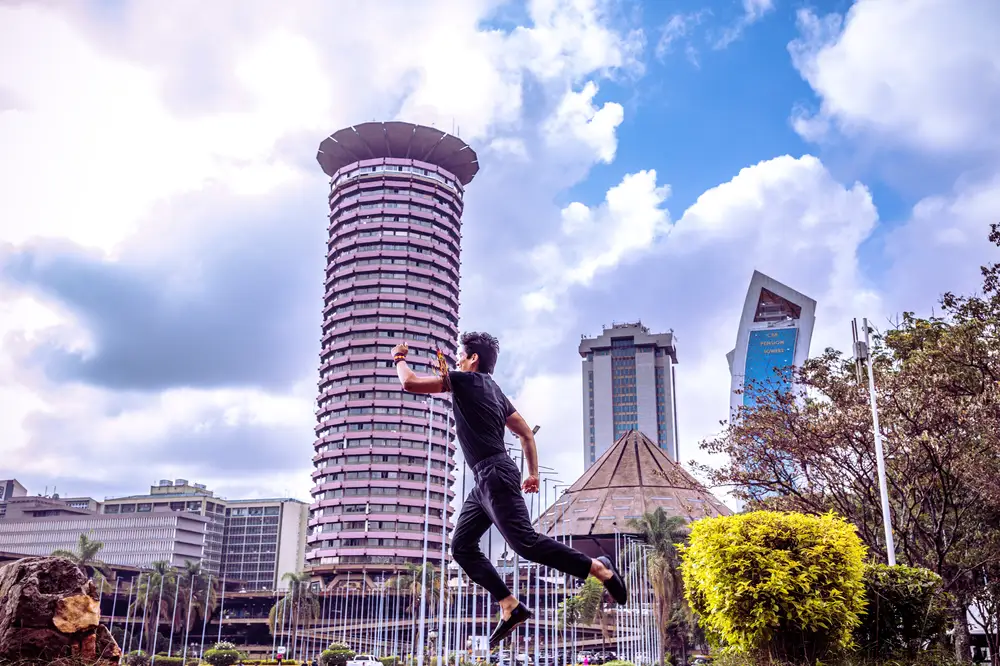 Man leaping at Kenyatta convention center