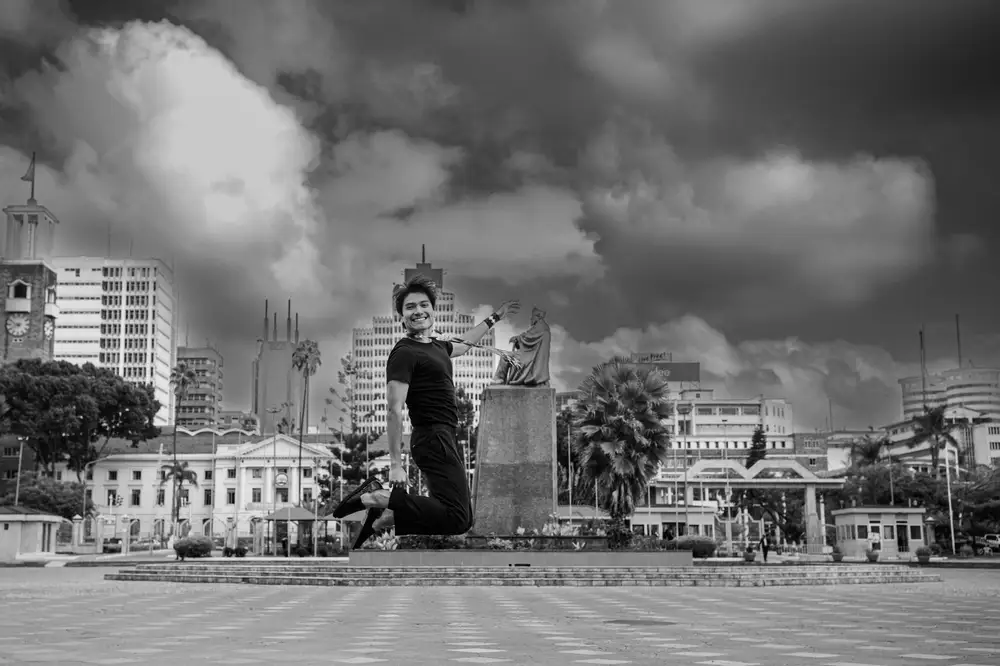 Woman in a city, black and white image