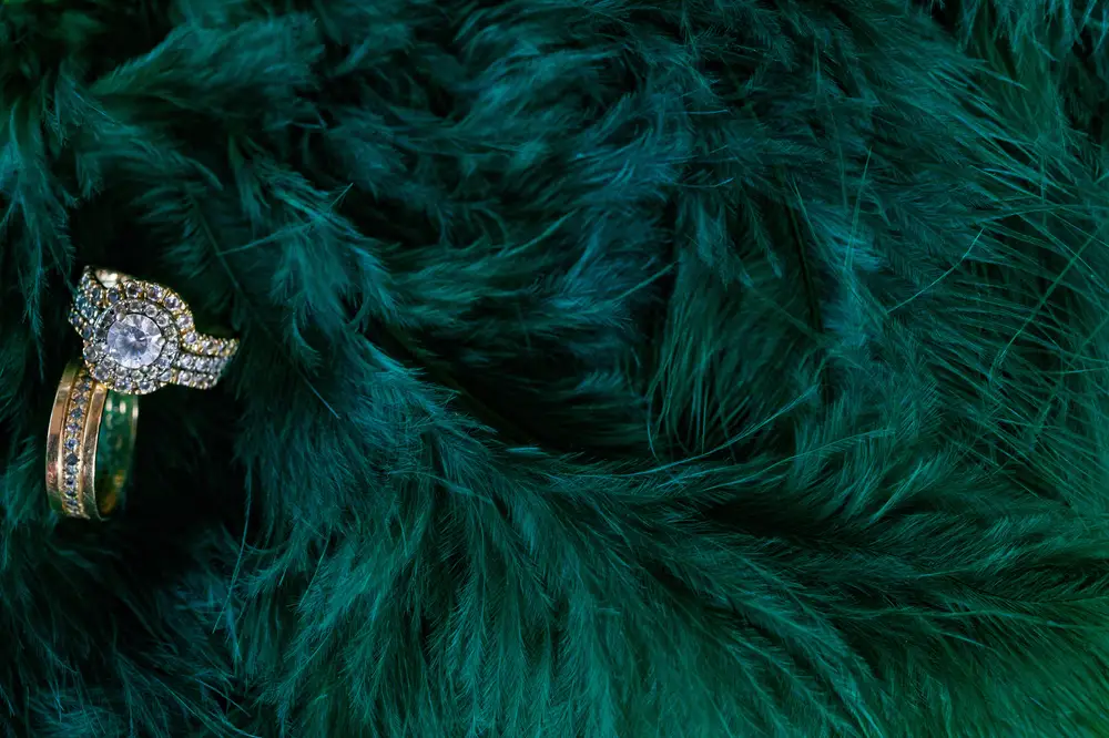 Diamond rings on Green peacock feather