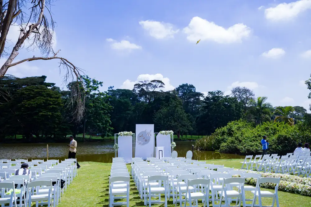 Chairs arranged for Wedding event in a park