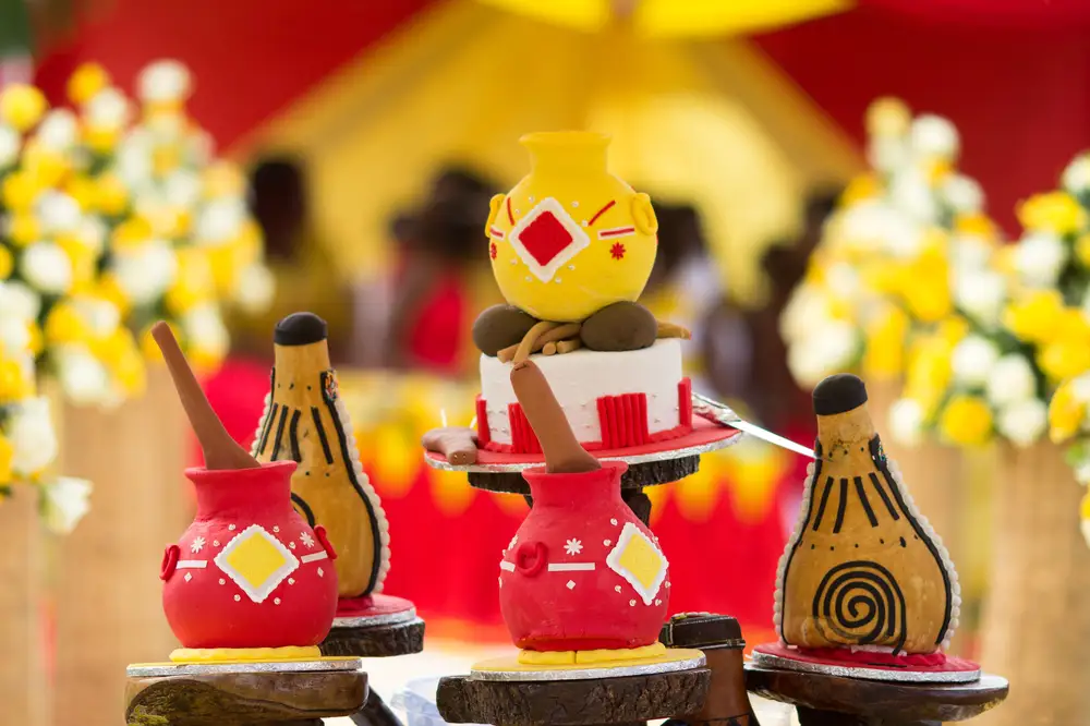 Decorated Red and Yellow Ceremonial Cakes