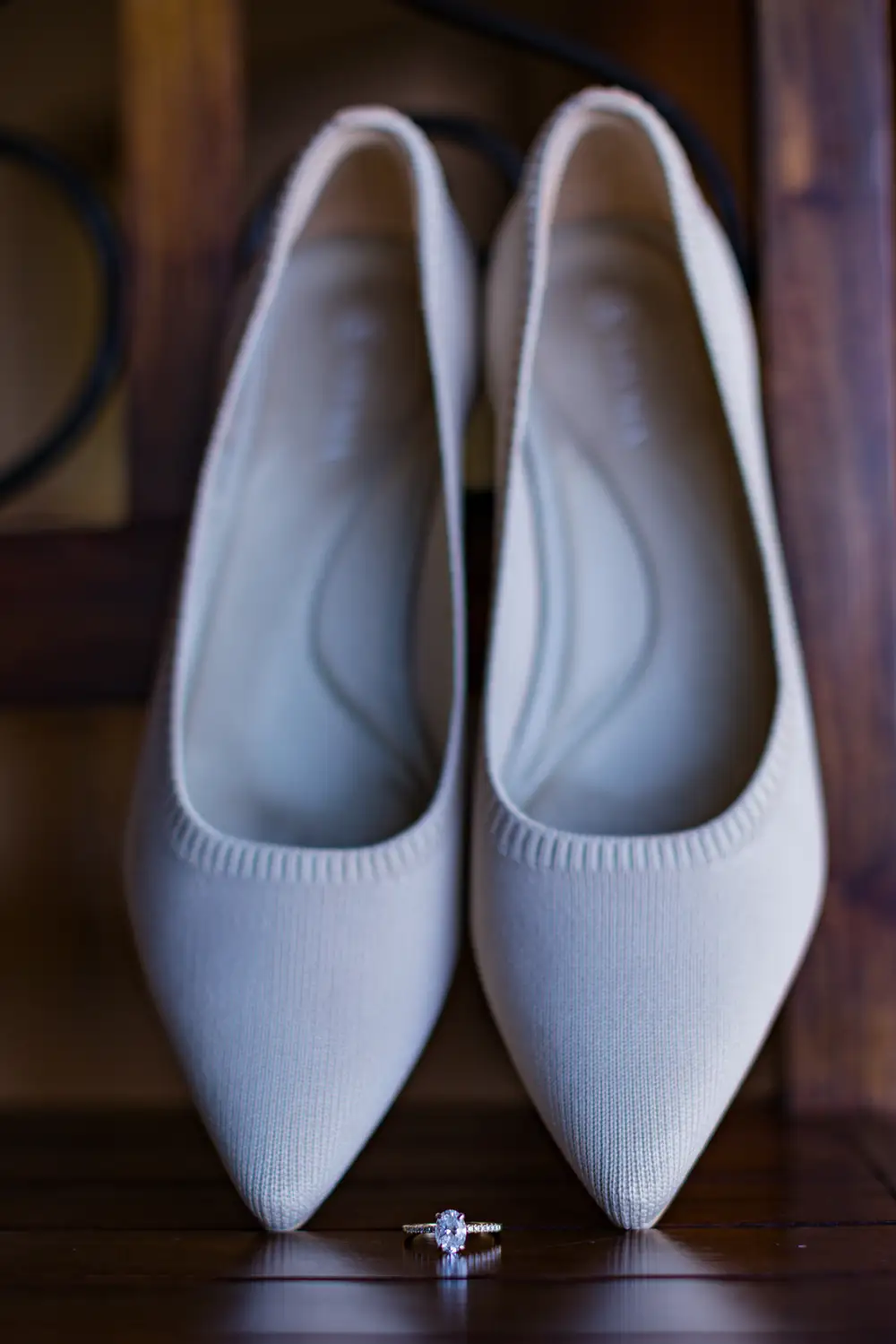 Pointy White Female Wedding shoes with Diamond ring