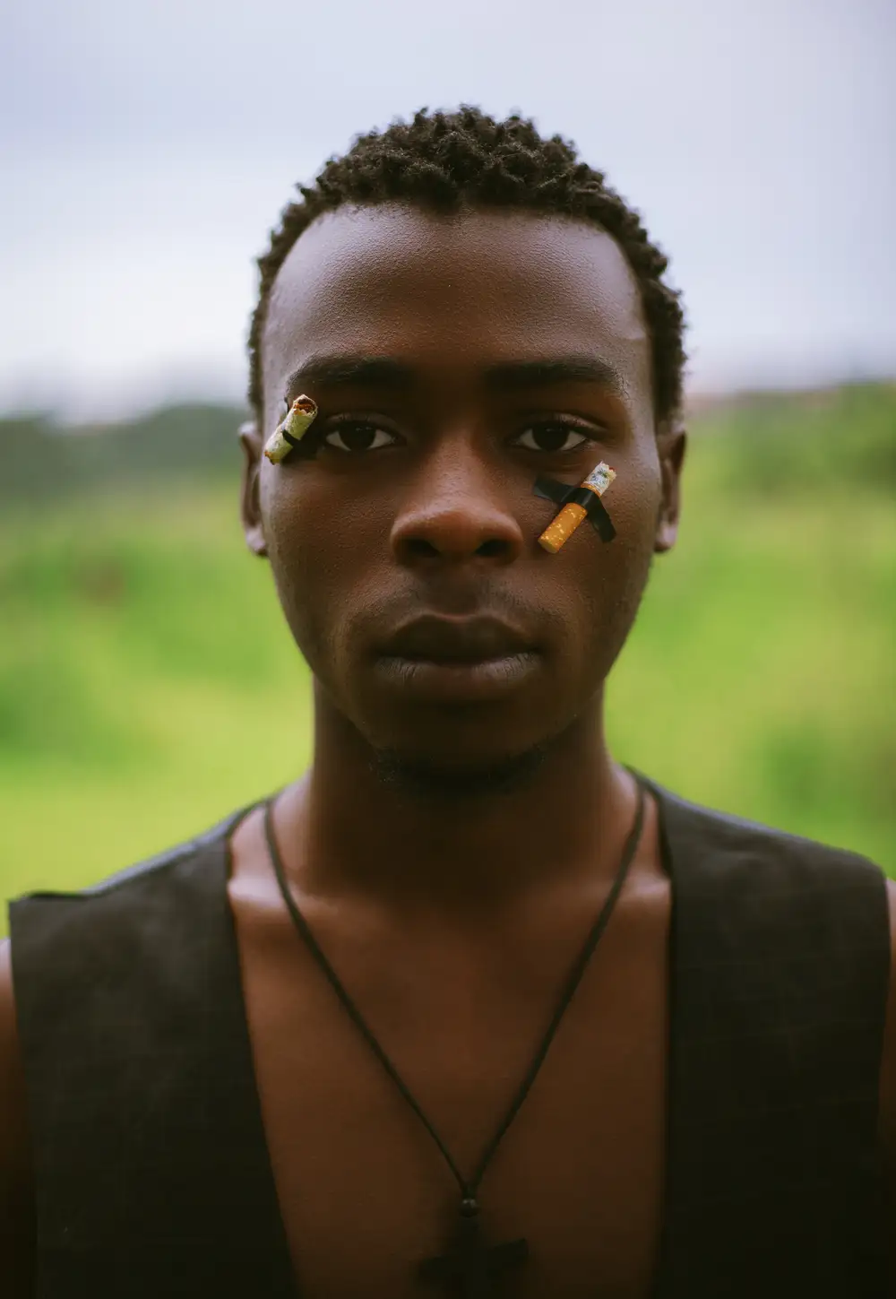 Boy with cigarette glued to his face