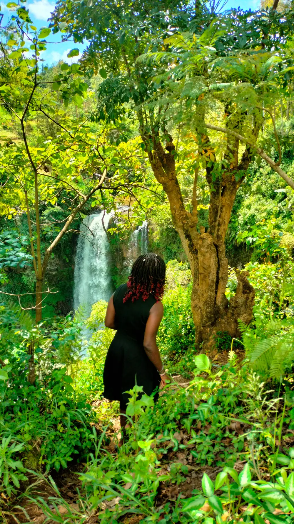 Woman adventure to a Waterfall in the forest