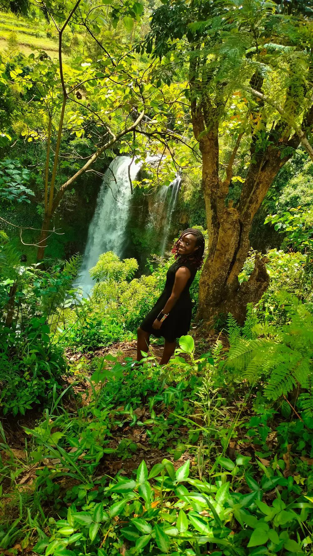 Woman adventure to a Waterfall in the forest