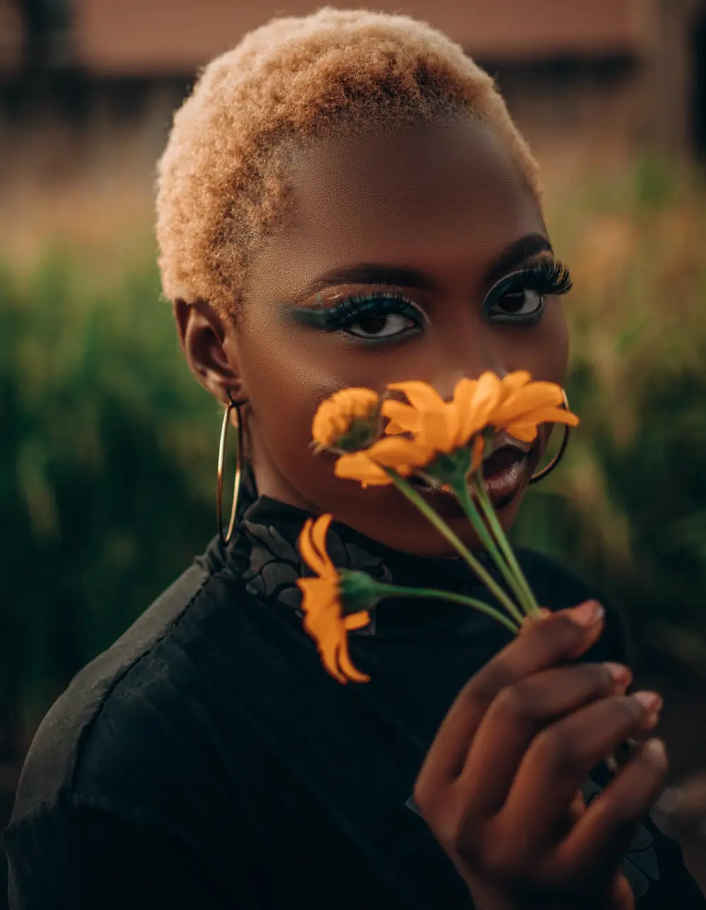 Lady on black with flower