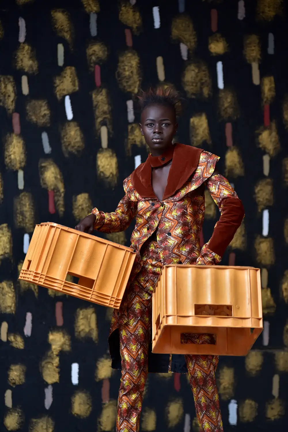 Woman Carrying two plastic crates