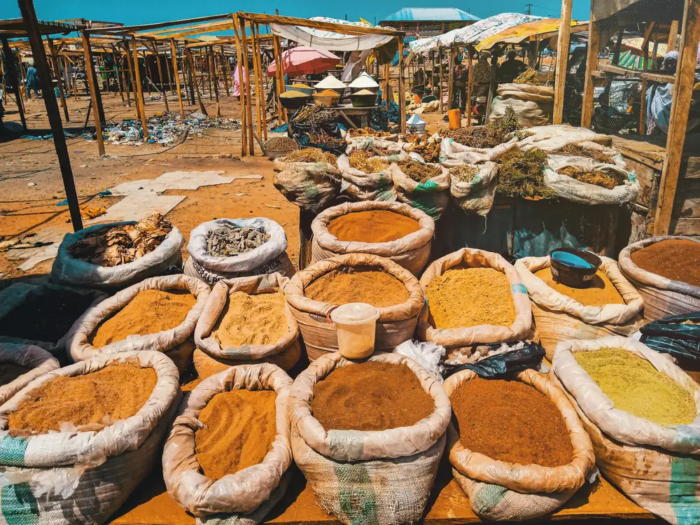 Bags of spices displayed in the market