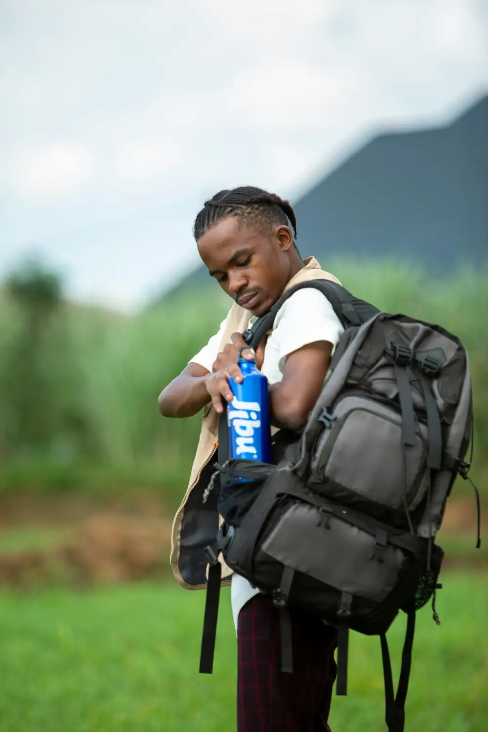 a man carrying back pack