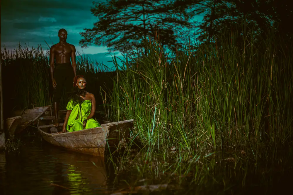 models shoot on a canoe