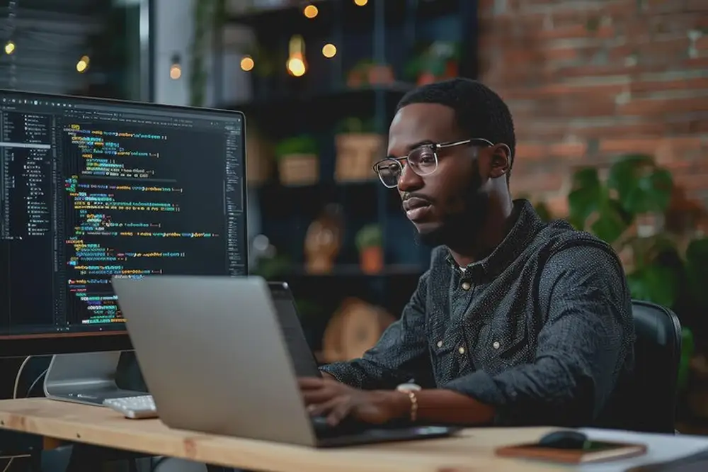 Young Black man sitting in front of computer screens coding